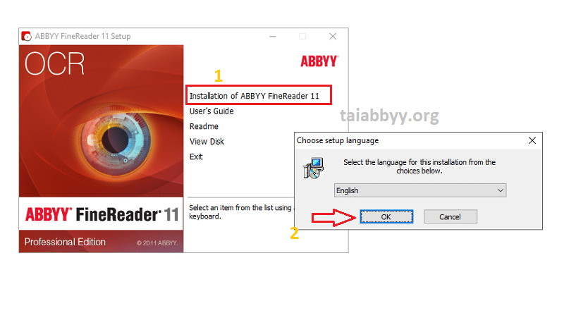 Chọn Installation of ABBYY FineReader 11 → chọn ngôn ngữ và nhấn OK.